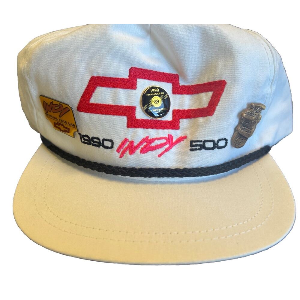 Vintage Chevrolet Hat Cap White‎ 1990 Indy 500 Chevrolet Racing Rope WITH 3 PINS